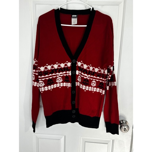 Star Wars Cardigan Sweater Medium Red Black Stormtrooper Darth Vader Fair Isle - Picture 1 of 5